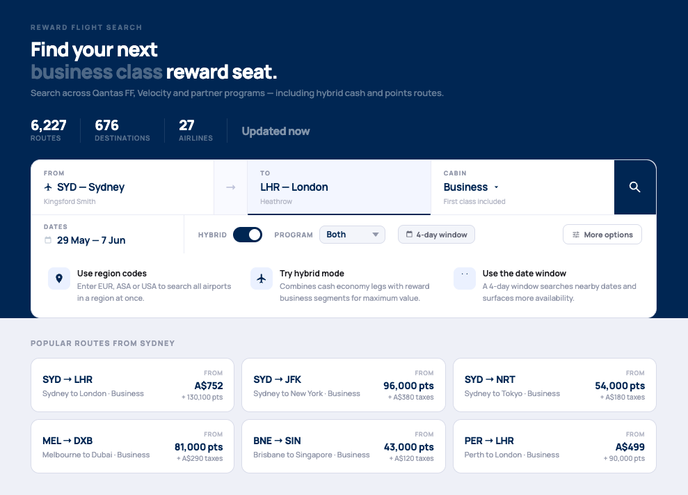 Reward flight search interface